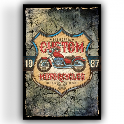 Custom Motorcycles Ahşap Retro Vintage Poster 